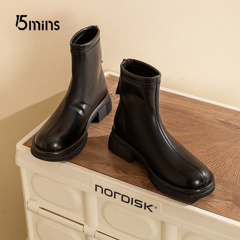 15mins短靴厚底马丁靴女款2026新款加绒粗跟切尔西靴显瘦棕色靴子