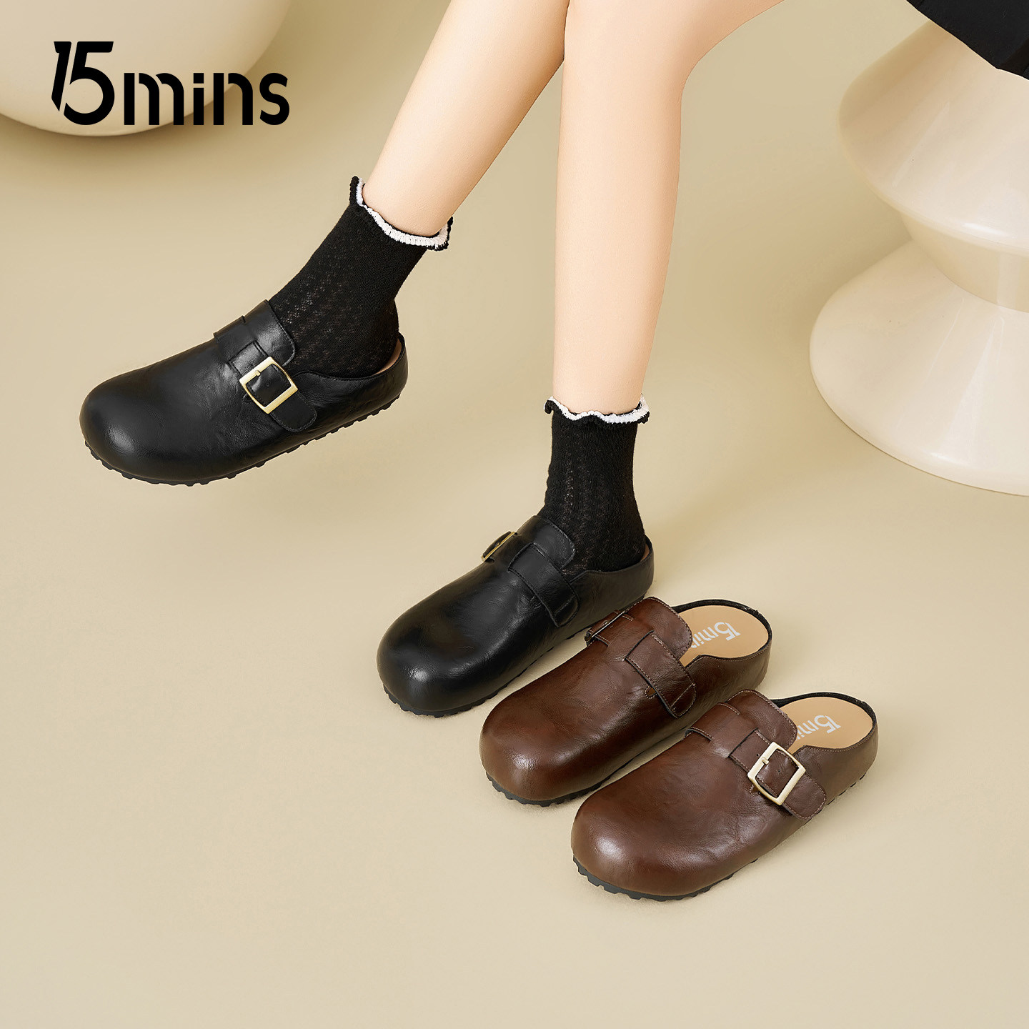 15mins软底勃肯鞋女2026新款春季百搭一脚蹬包头半拖平底孕妇单鞋,女鞋,勃肯鞋/软木鞋,淘宝优惠券,粉丝福利购,淘宝优惠卷