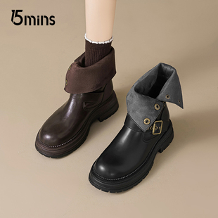 15mins美拉德马丁靴女款2025新款秋季棕色短靴子皮带扣西部牛仔靴