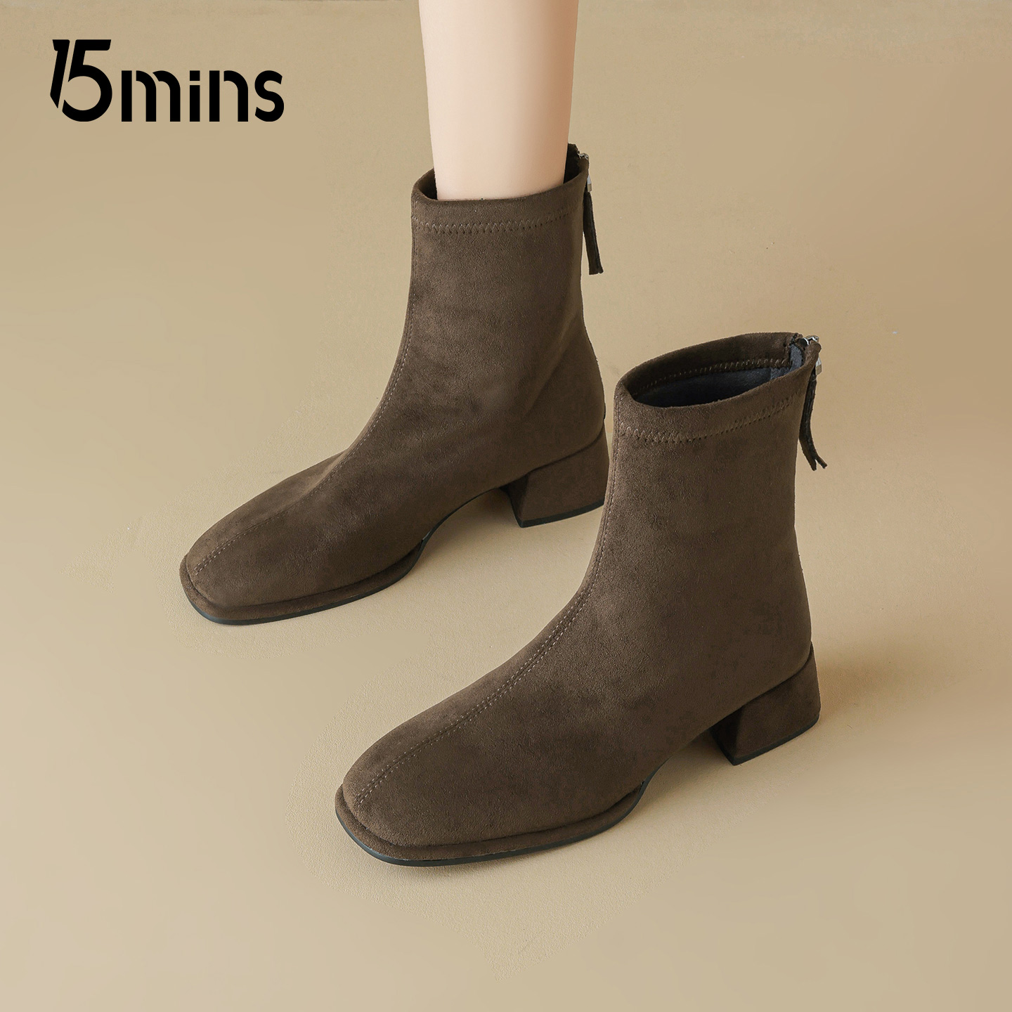 15mins绒面短靴女2025秋新款