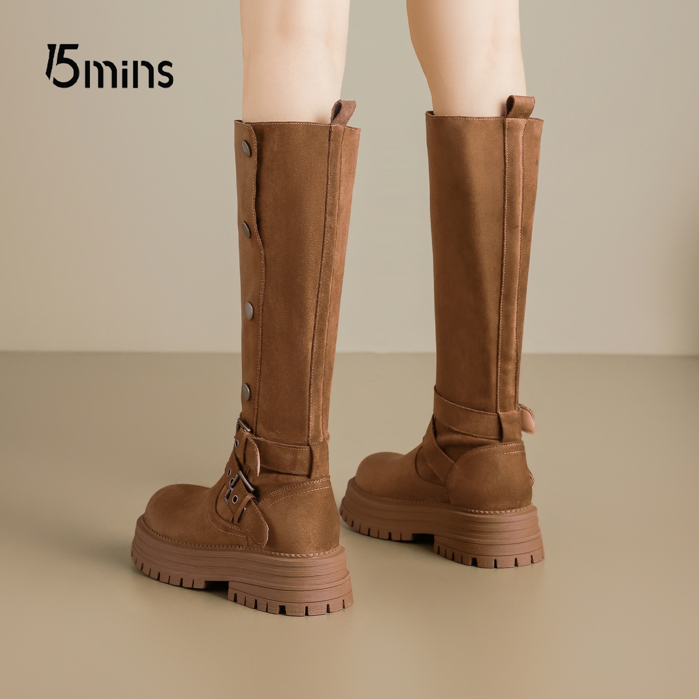 15mins复古绒面西部靴女高筒长靴