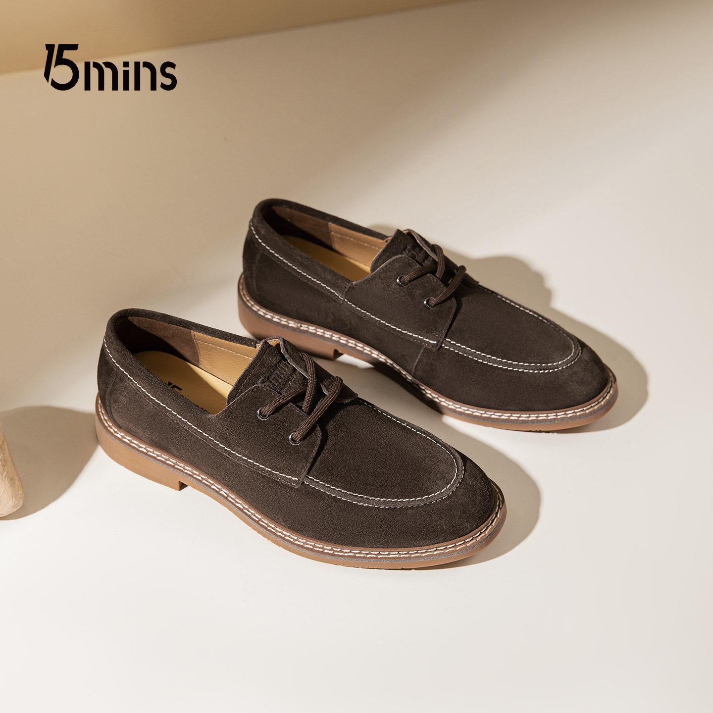 15mins男鞋2026秋季新款男士牛筋底防滑耐磨反绒皮时尚休闲皮鞋男