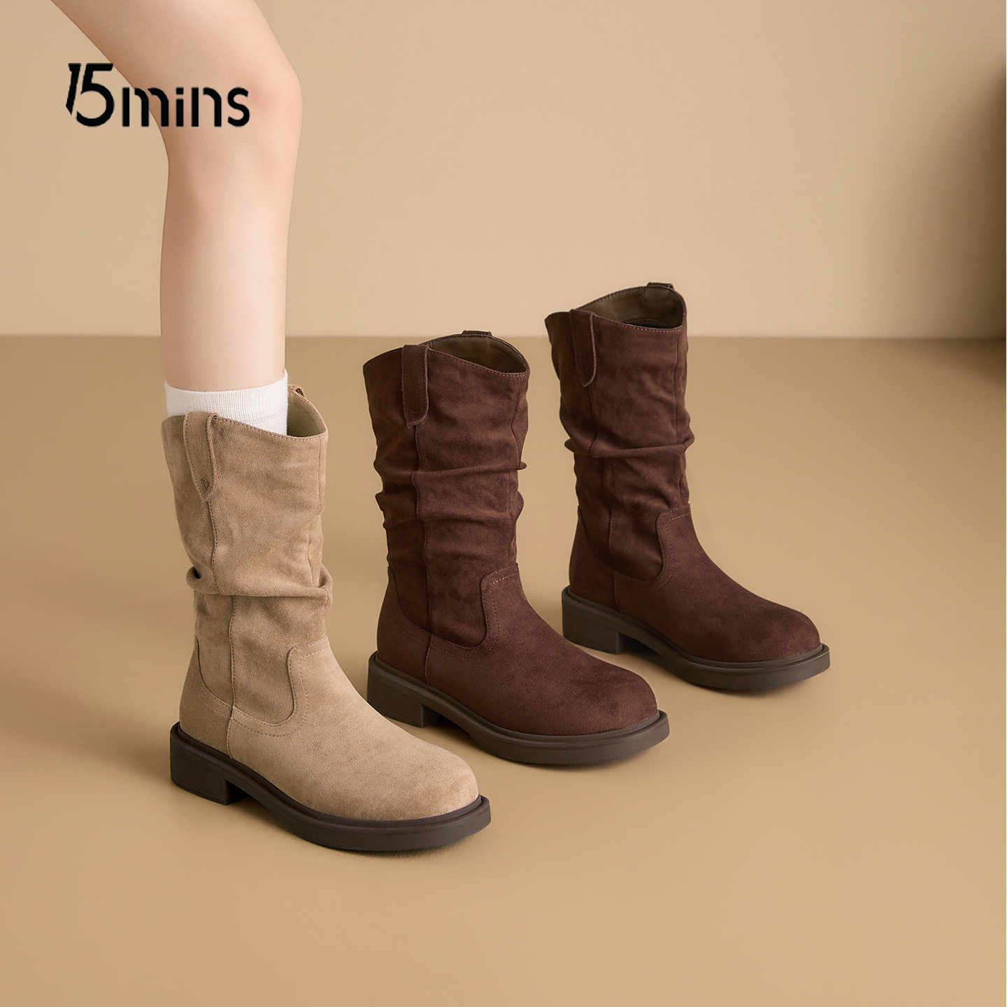 15mins粗跟堆堆短靴女款显瘦女靴