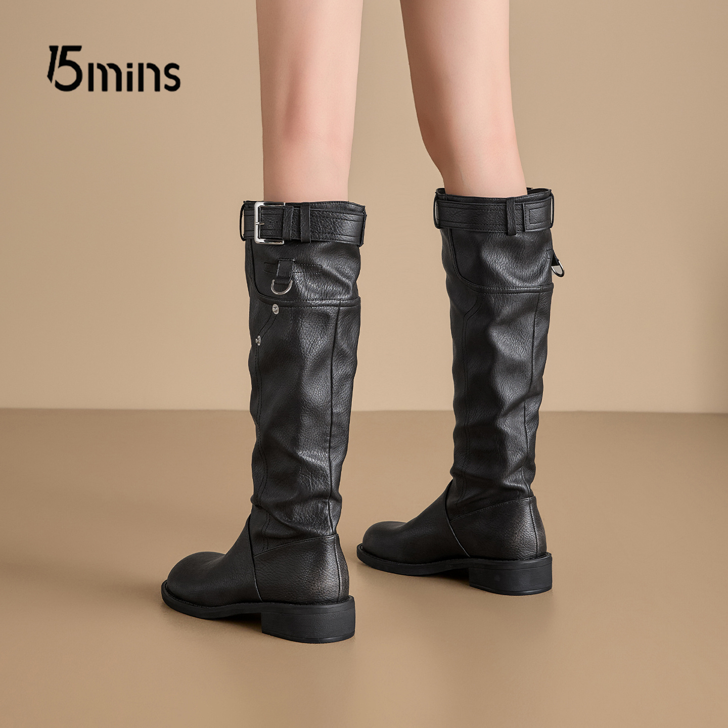 15mins褶皱复古长筒靴女高筒靴子