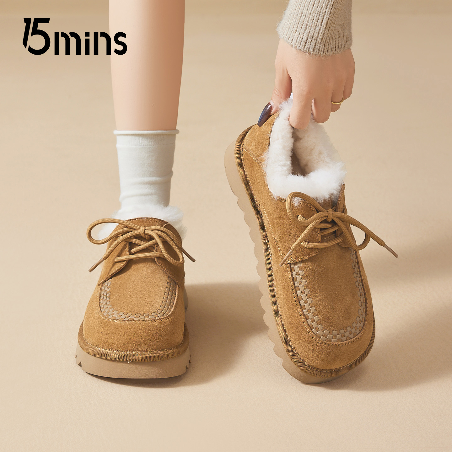 15mins厚底毛毛鞋女2025新款秋冬
