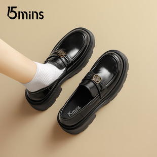 黑色复古英伦风百搭小皮鞋 15mins山茶花厚底乐福鞋 女2026秋冬新款