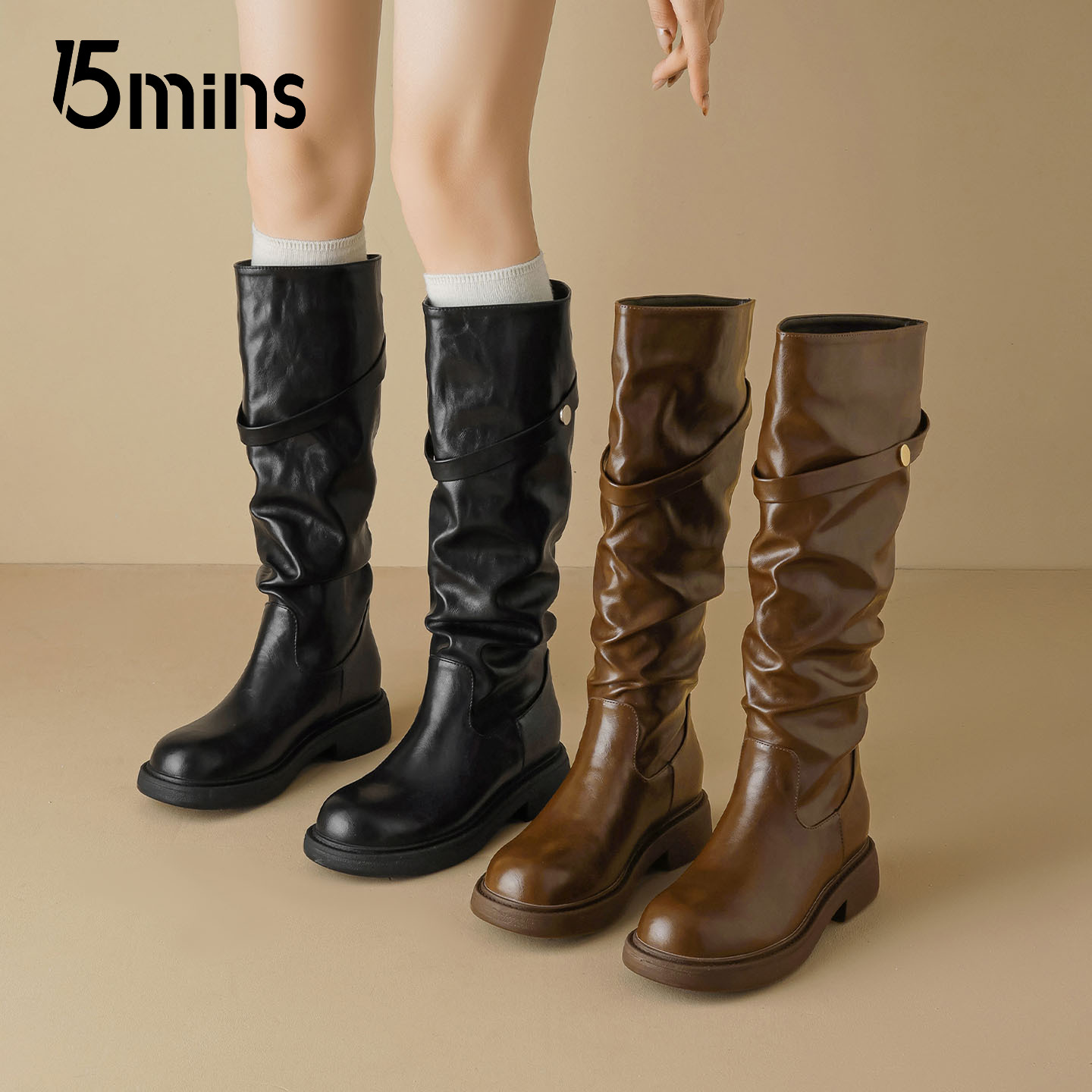 15mins时尚高筒堆堆靴女2025冬