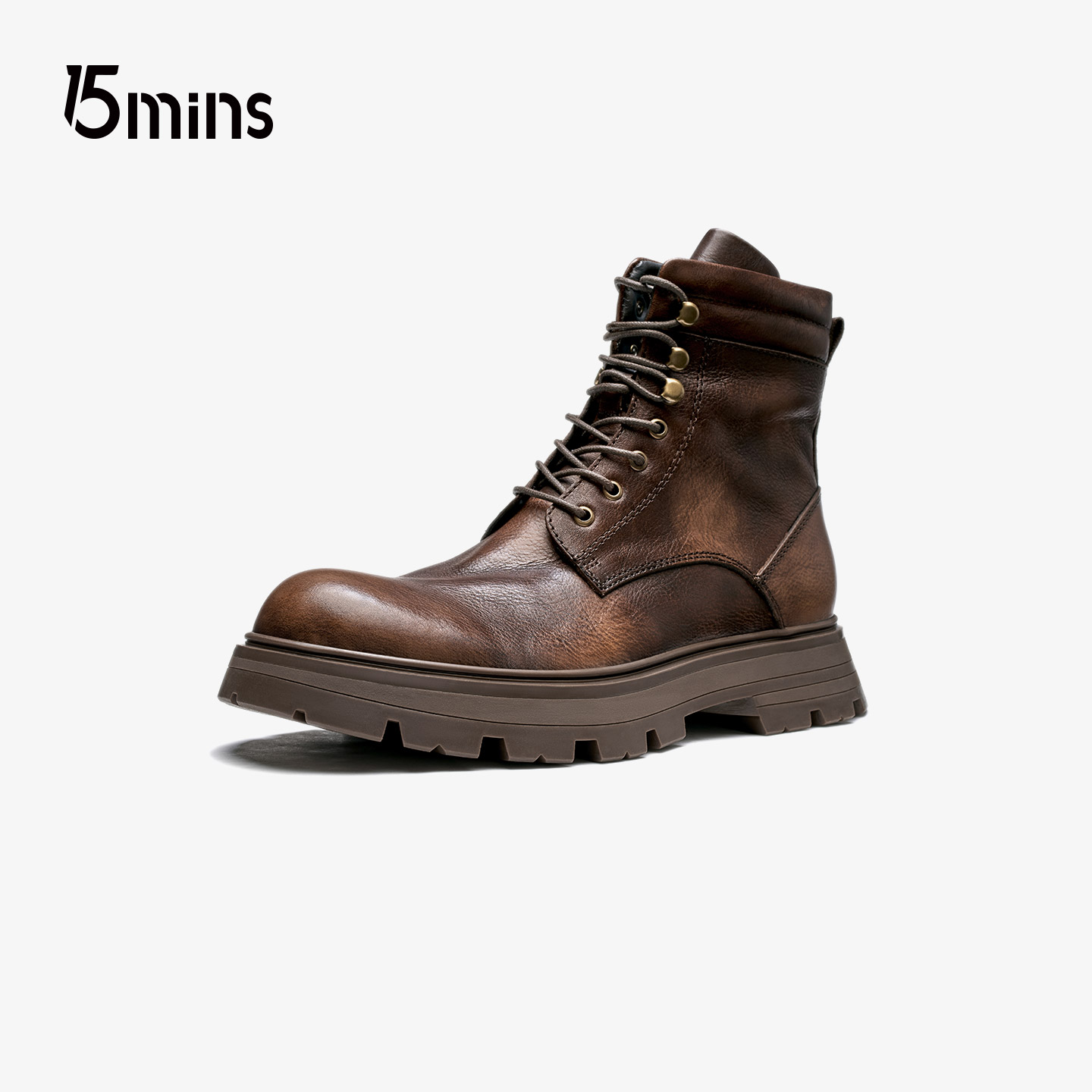 15mins头层牛皮马丁靴新款英伦大头复古机车男士增高短靴工装靴子