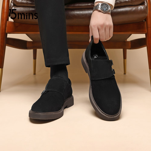 15mins男鞋2025秋季新款男士真皮软底休闲皮鞋厚底反绒皮勃肯鞋子