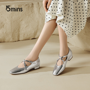 15mins2026新款银色方头绒面双扣玛丽珍鞋内增高复古百搭单鞋女