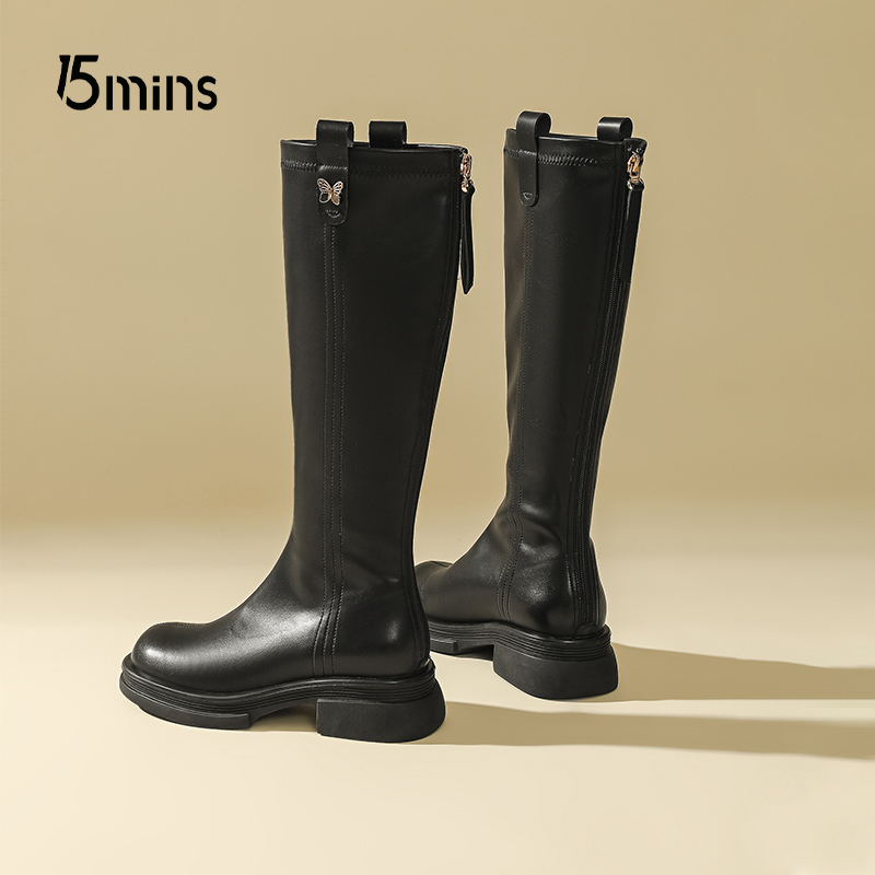 15mins厚底长筒靴女秋冬2025年新款粗跟骑士靴百搭机车靴黑色长靴