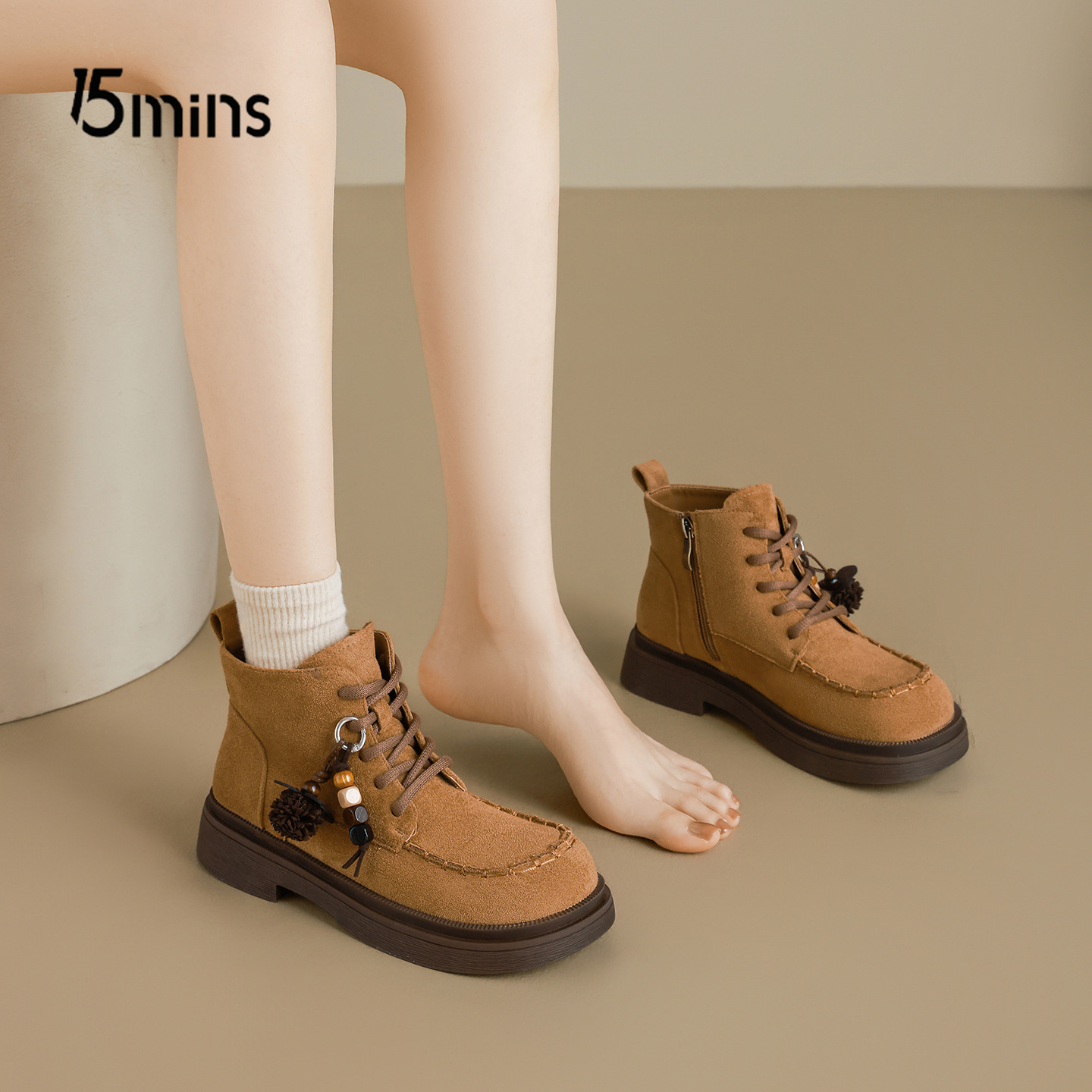 15mins厚底短靴女款系带马丁靴子