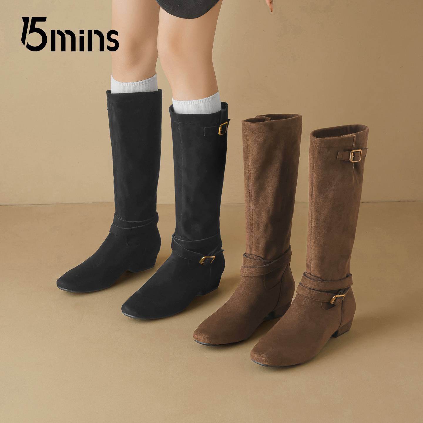 15mins绒面长筒靴女2025冬