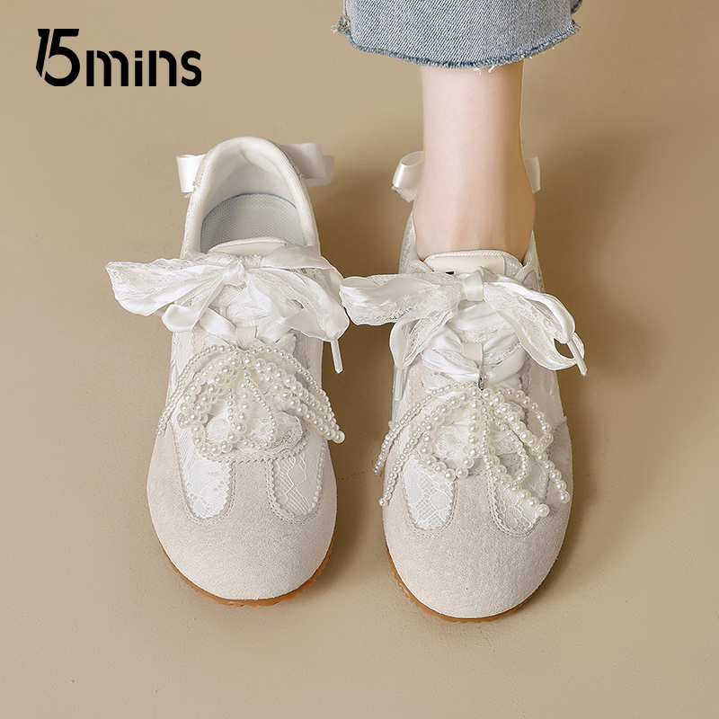 15mins珍珠蝴蝶结德训鞋女2025新款夏季配裙子芭蕾鞋内增高运动鞋