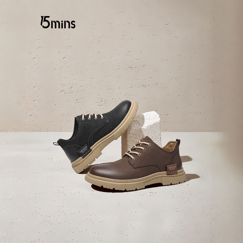 15mins男鞋春季工装鞋2025新款厚底男士休闲鞋软底耐磨英伦低帮鞋
