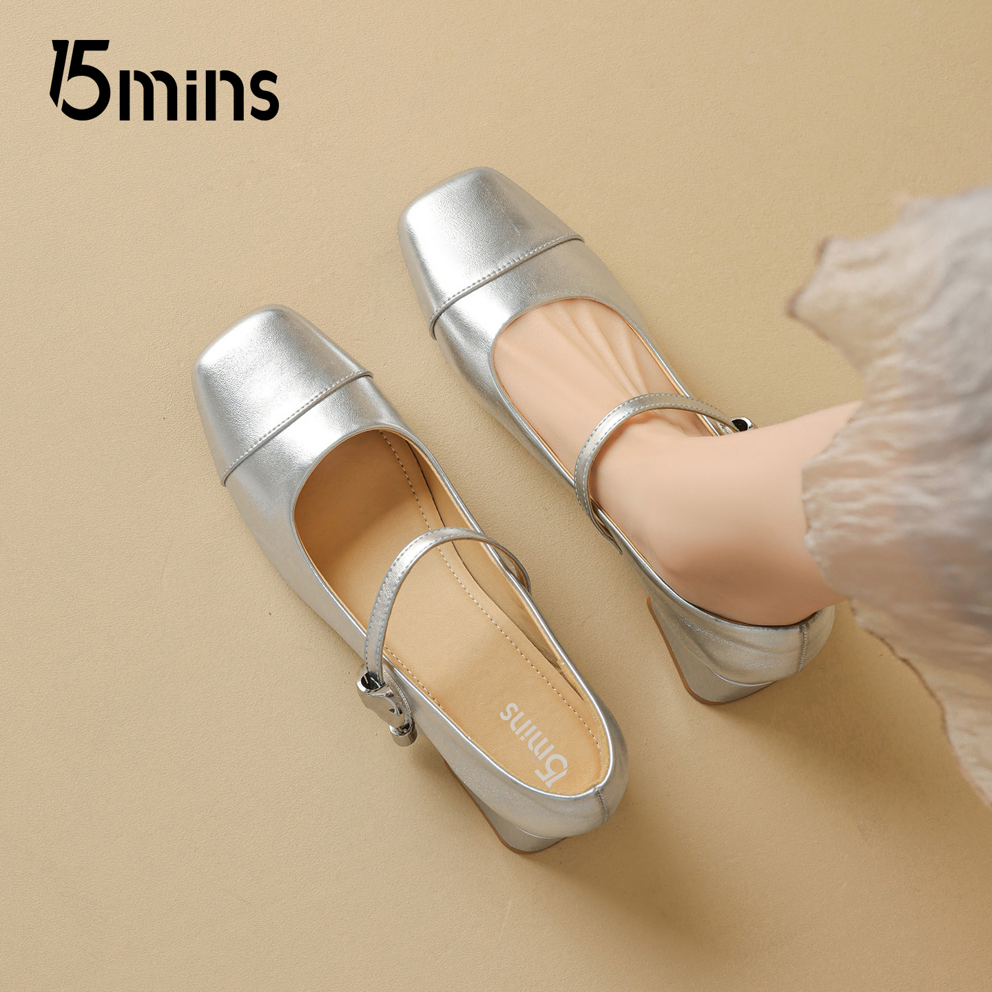 15mins银色玛丽珍鞋女夏季新款