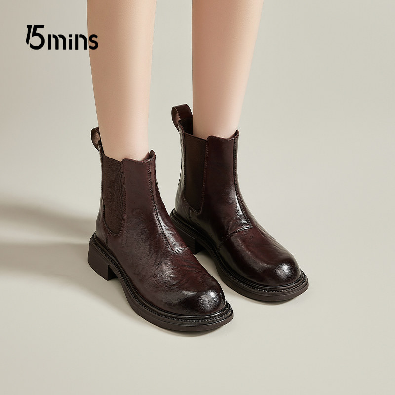 15mins厚底马丁靴女秋冬季2026年新款高跟短靴一脚蹬黑色加绒靴子