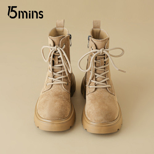 15mins厚底棕色马丁靴户外工装靴