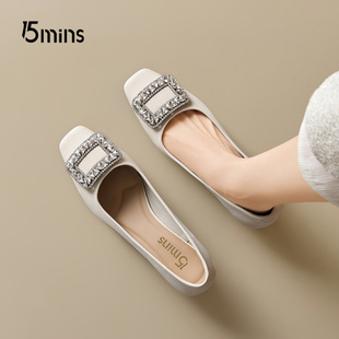 15mins米色通勤高跟鞋女2026新款春季一脚蹬浅口玛丽珍鞋方扣单鞋