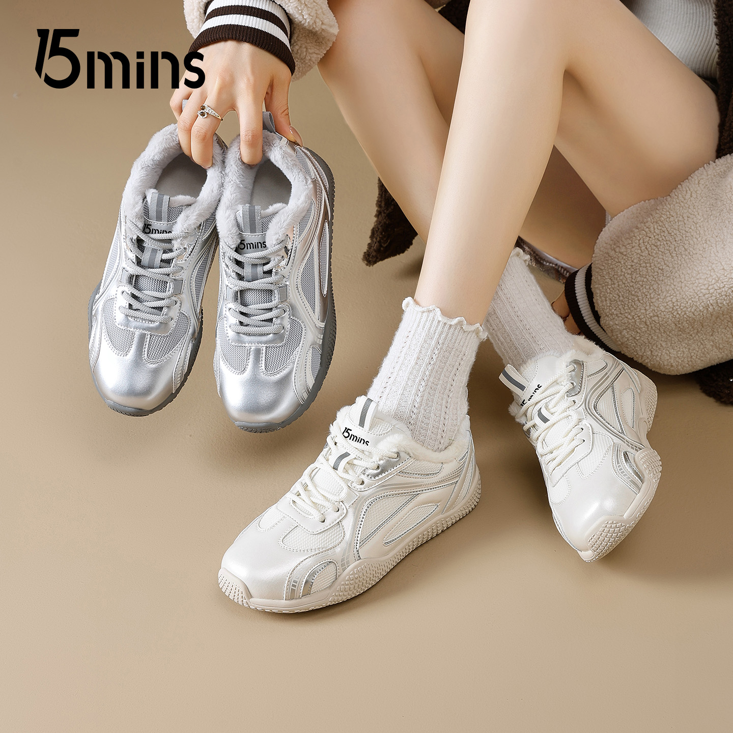 15mins加绒德训鞋女2025新款冬季