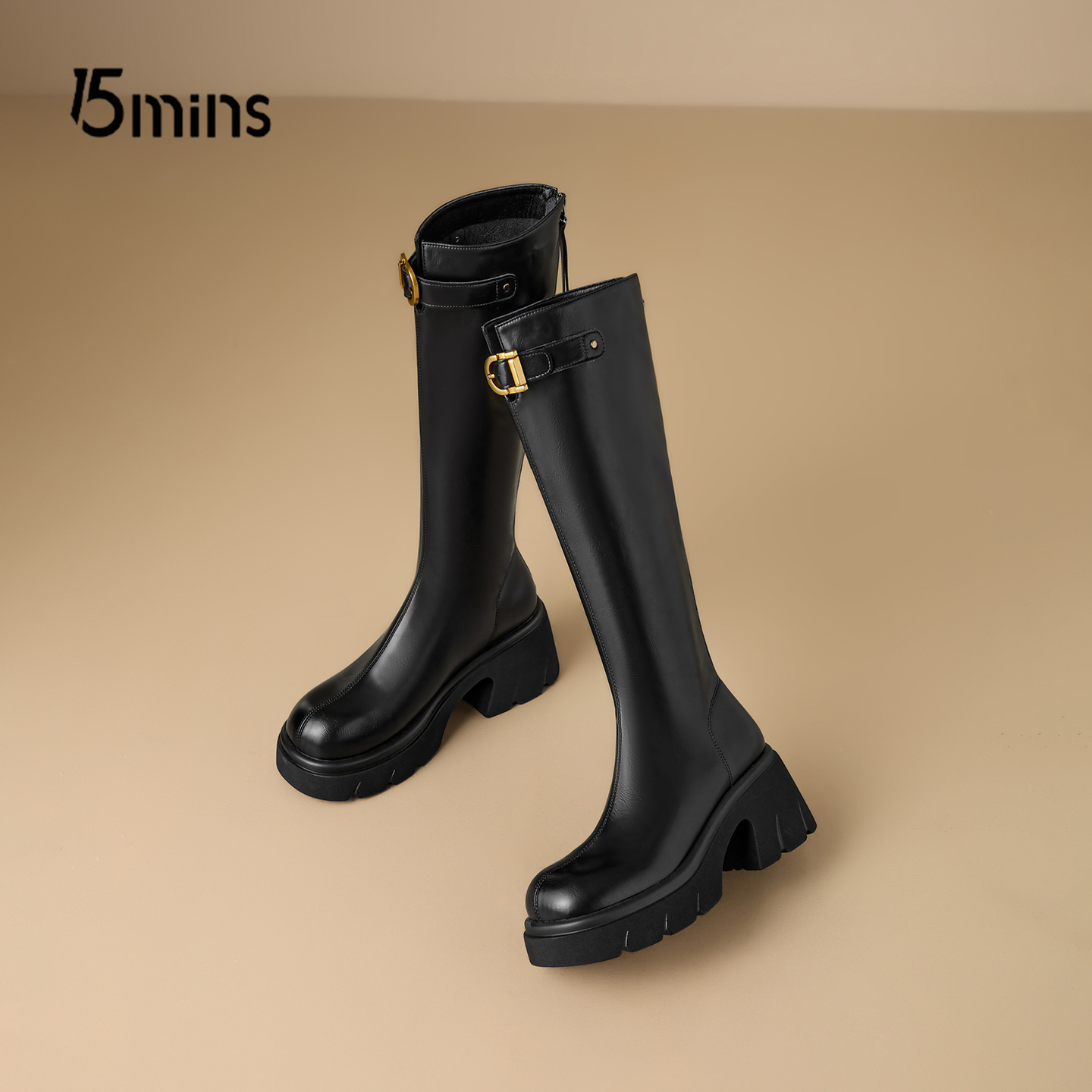 15mins厚底黑色骑士靴女长筒靴子