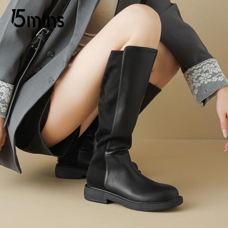 15mins黑色长筒靴女2025新款