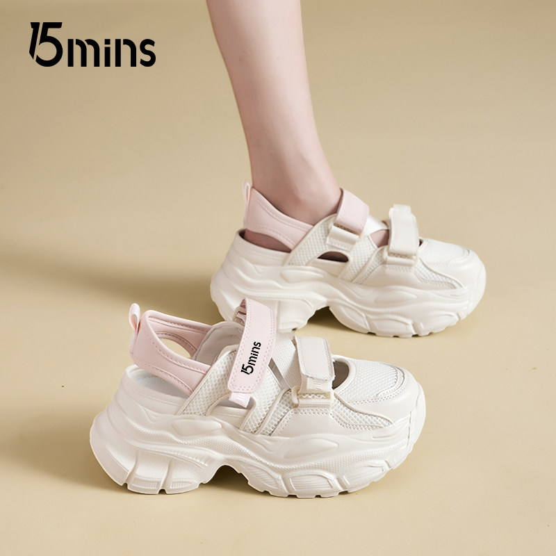 15mins厚底运动凉鞋女2025新款夏季镂空透气休闲鞋增高溯溪老爹鞋