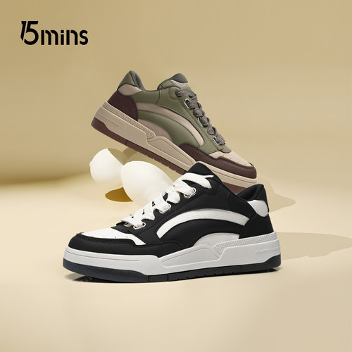 15mins男鞋春季新款2025男士厚底防滑耐磨休闲鞋潮款舒适运动板鞋