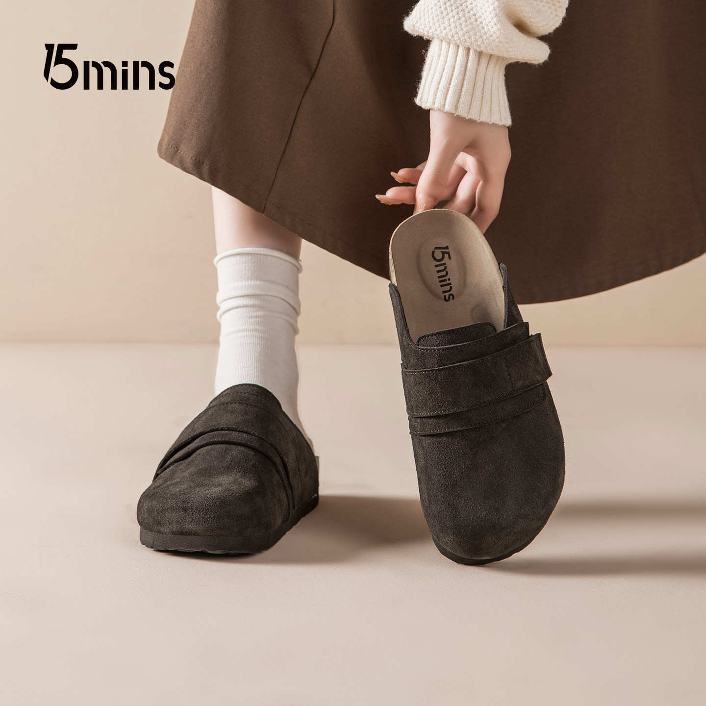 15mins加绒勃肯鞋女鞋冬2025新款爆款厚底一脚蹬情侣外穿半拖鞋男