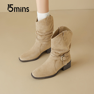 15mins复古短靴女款2025新款秋季绒面粗跟美拉德女靴子西部牛仔靴
