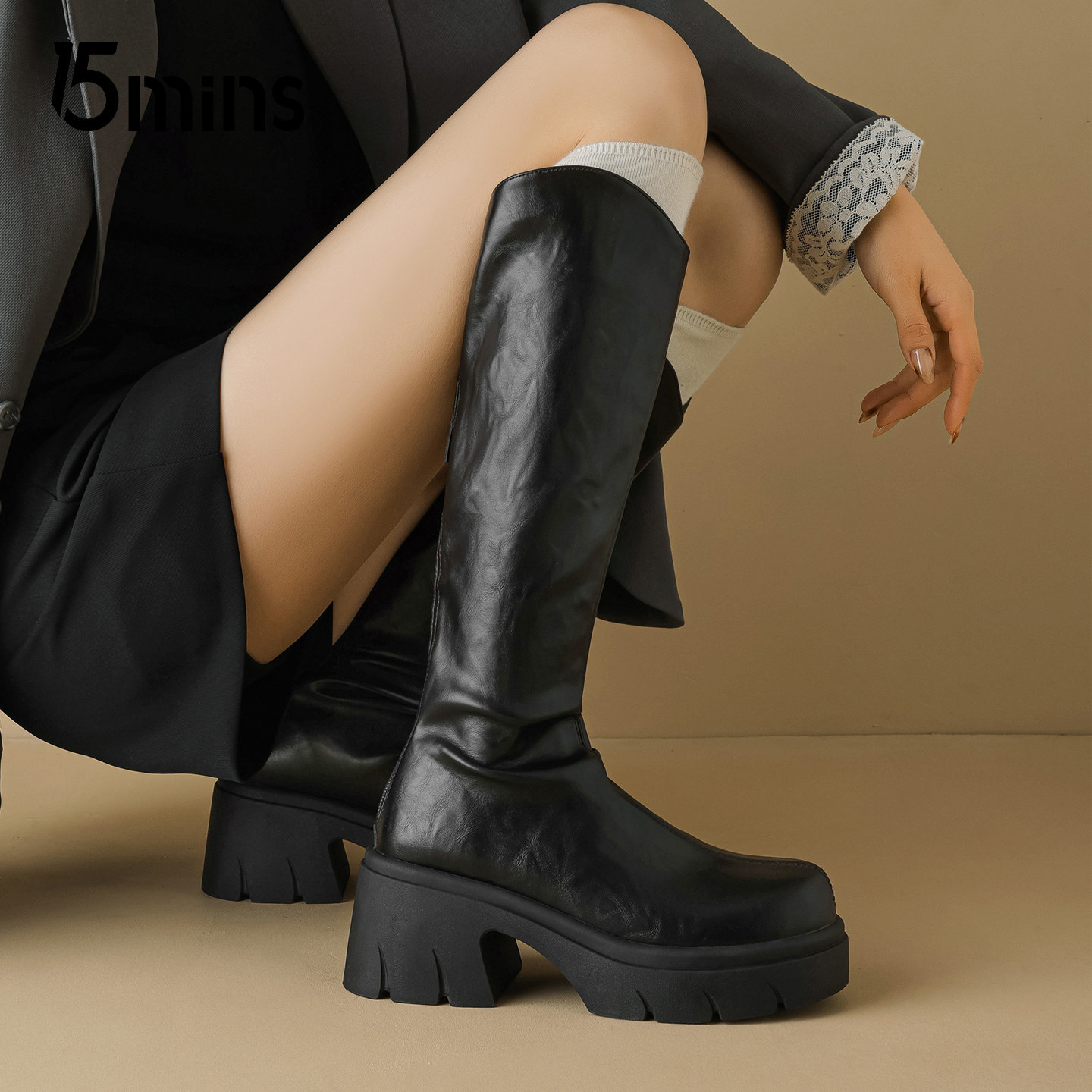 15mins黑色皮面高筒靴女秋季新款