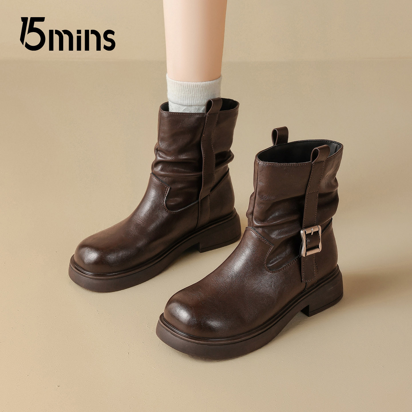 15mins棕色加绒短靴女2025冬