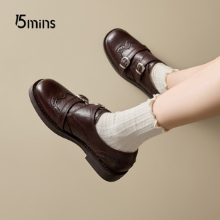 15mins英伦风复古布洛克雕花小皮鞋女双扣带乐福鞋百搭深口单鞋子
