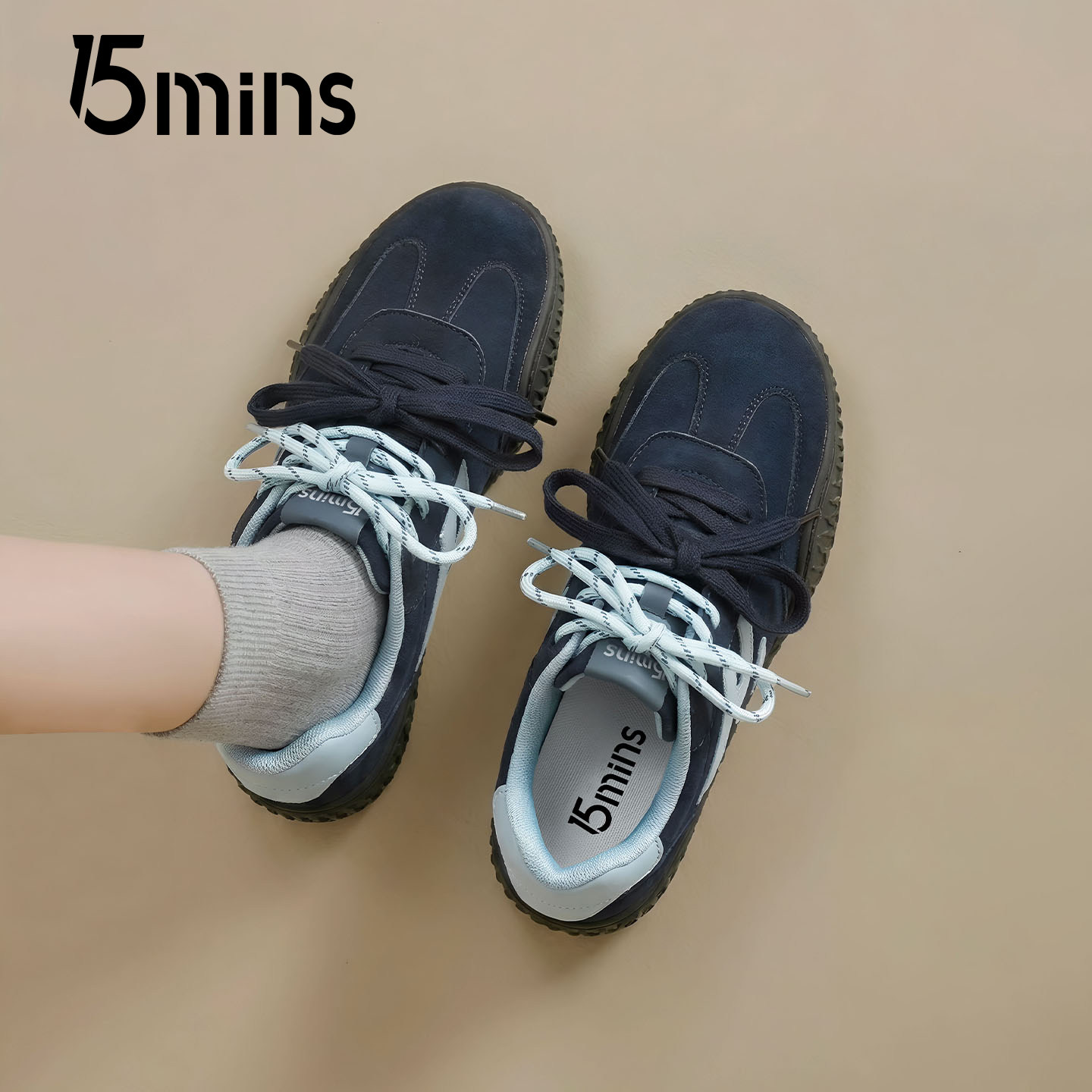 15mins深蓝色德训鞋女韩版厚底