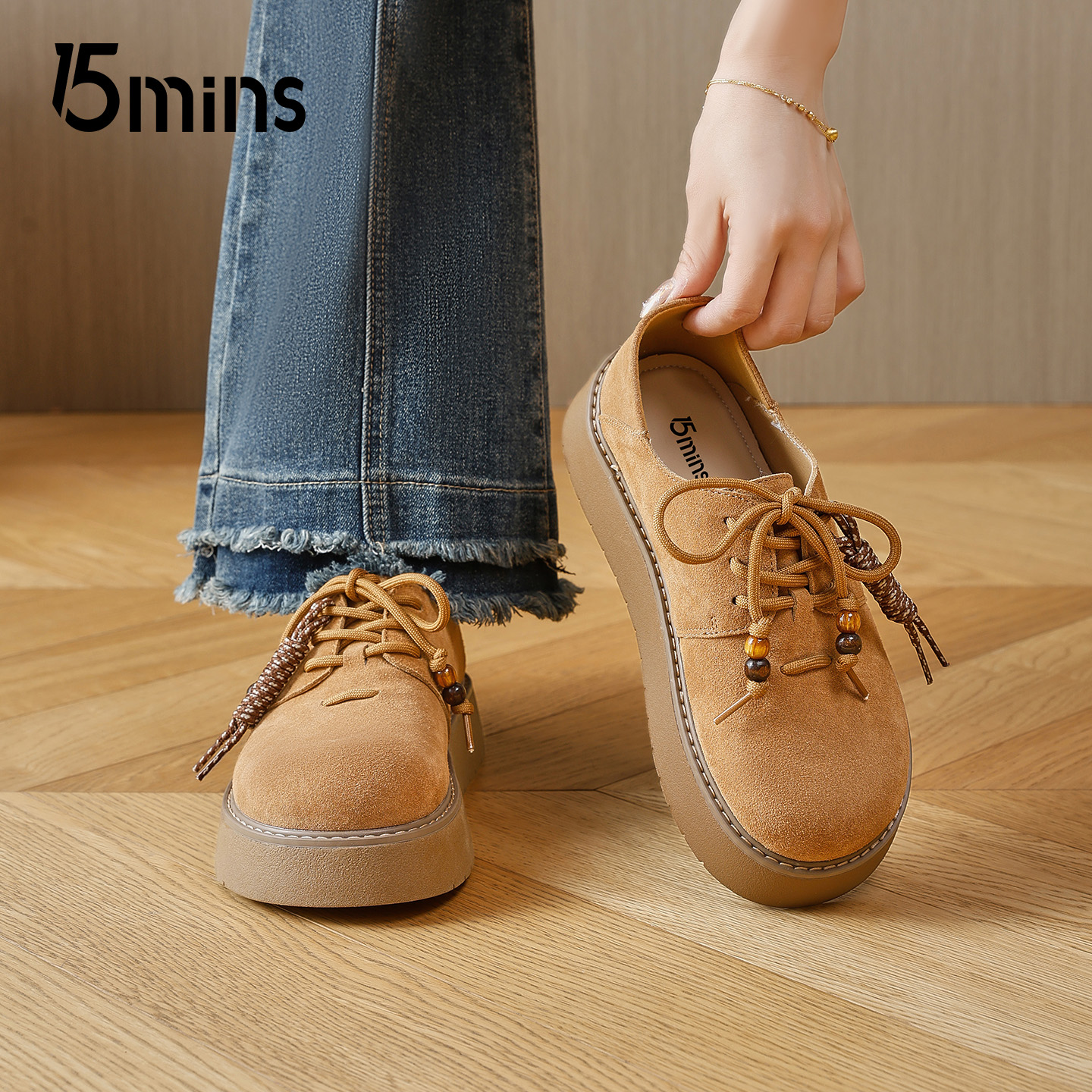 15mins厚底系带勃肯鞋女2025秋