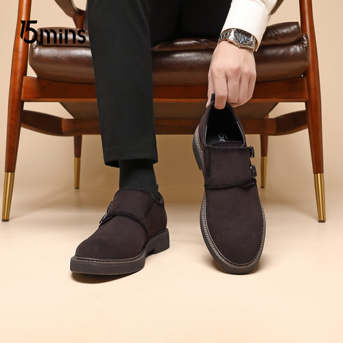 15mins男鞋2025秋季新款男士真皮软底休闲皮鞋厚底反绒皮勃肯鞋子