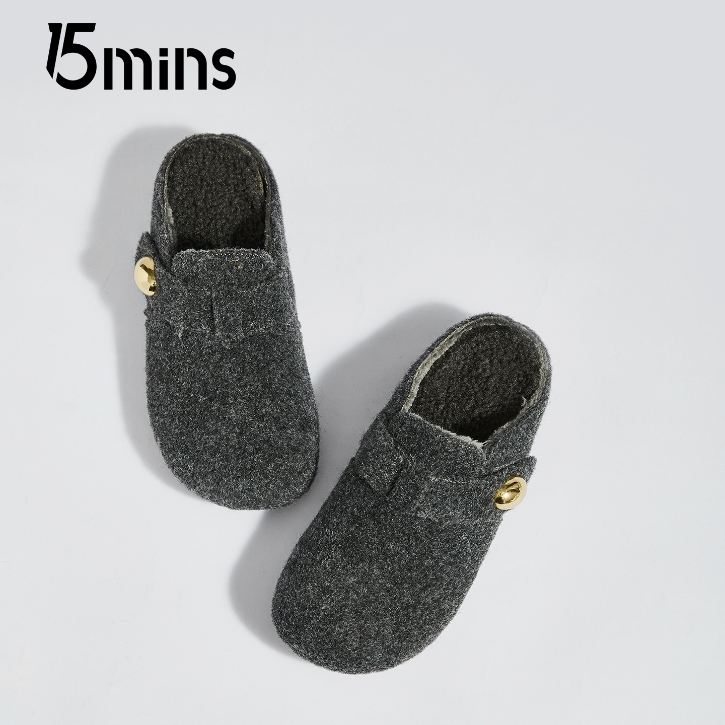 15mins厚底灰色毛呢加绒勃肯半拖