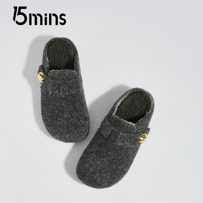 15mins厚底灰色毛呢加绒勃肯半拖