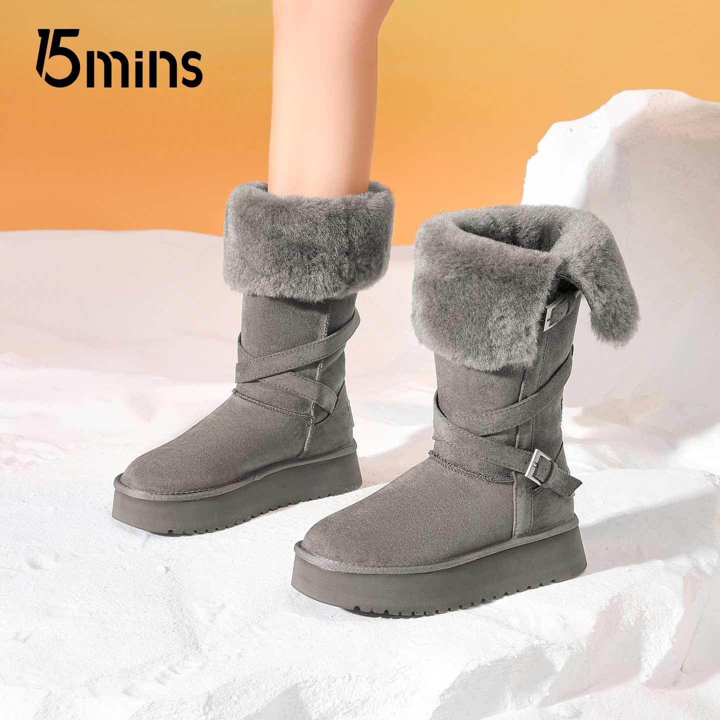 15mins灰色复古两穿雪地靴女冬