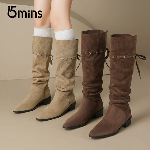 15mins流苏绑带长筒靴子女2025秋