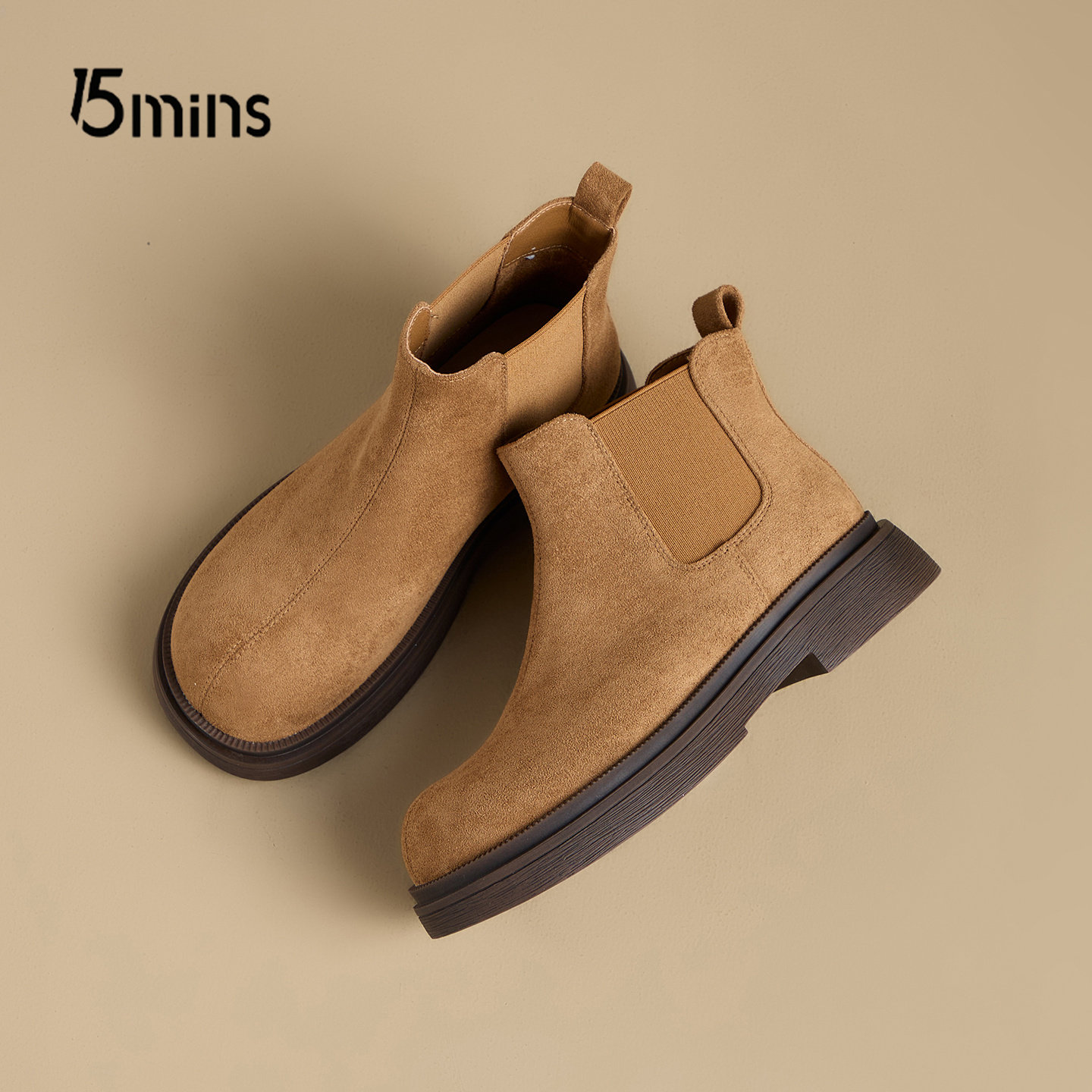 15mins英伦风马丁靴女2026新款春季一脚蹬切尔西短靴绒面大头靴子