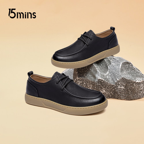 15mins男鞋2025春季新款男士厚底耐磨休闲皮鞋时尚百搭舒适板鞋男