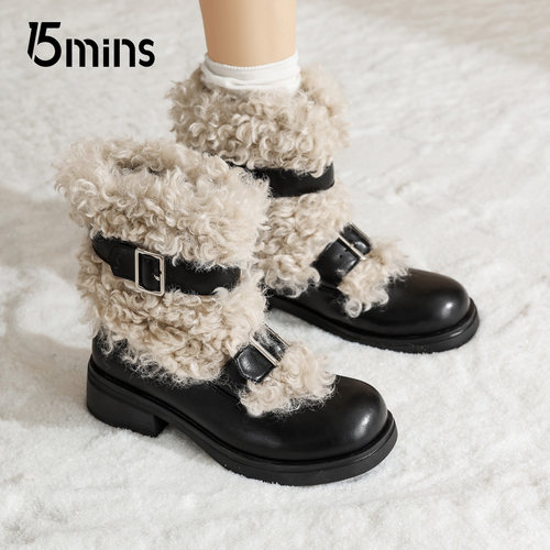 15mins保暖厚底西部靴女中筒