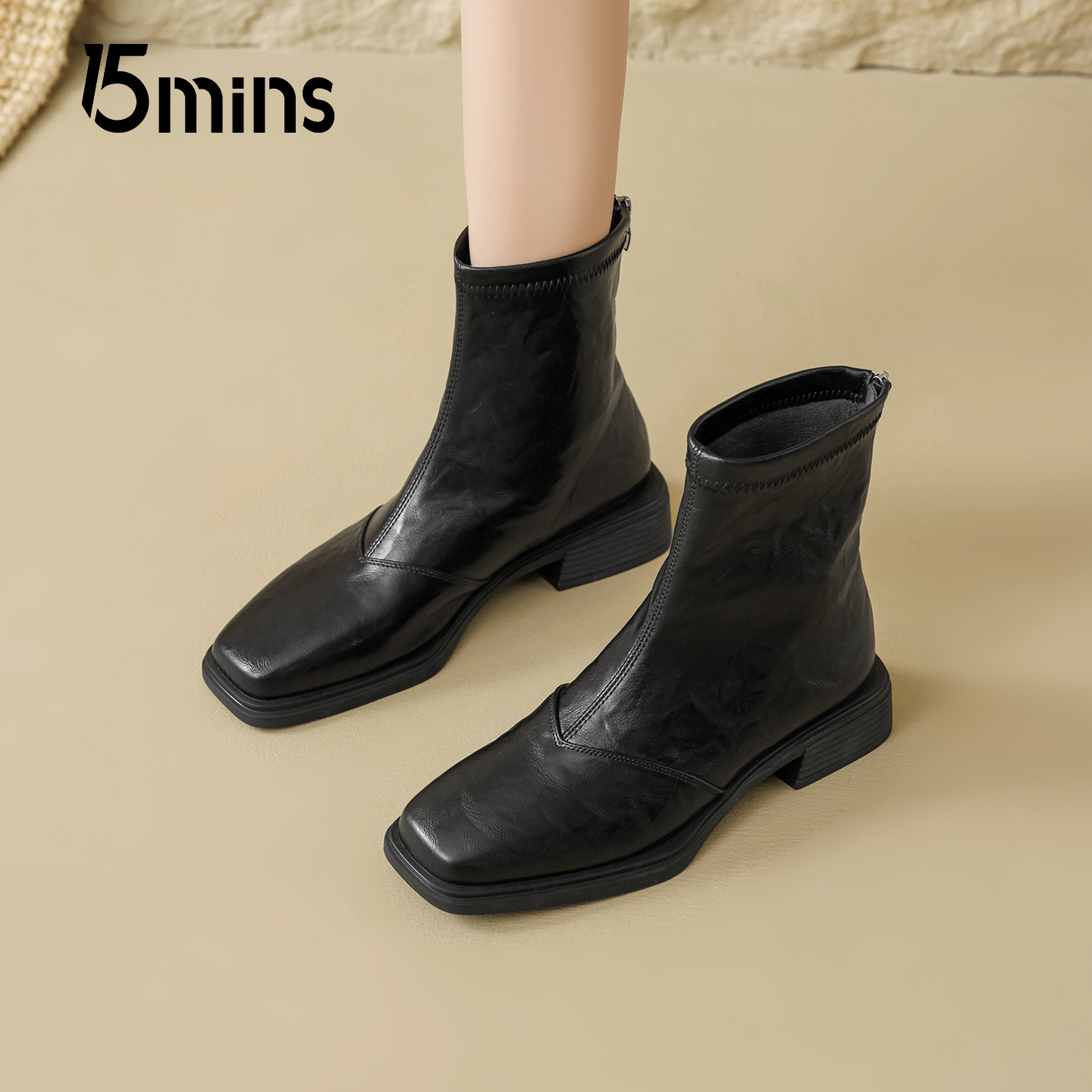 15mins法式气质低跟短靴女