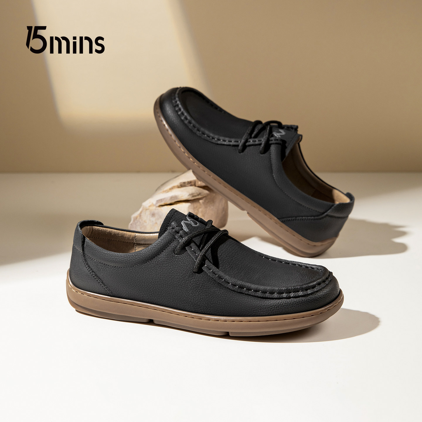15mins休闲皮鞋男2026春季黑色底防滑低帮休闲皮鞋子乐福工装户外