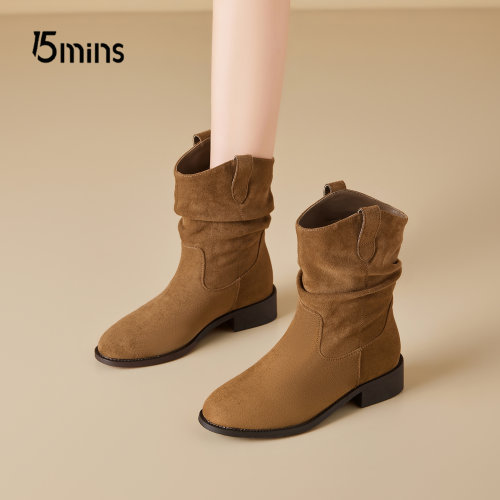 15mins复古风西部牛仔短靴女中筒