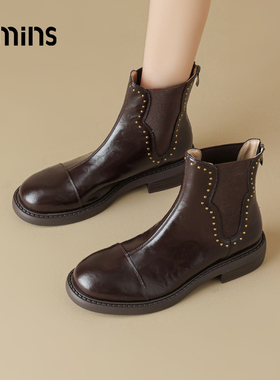 15mins铆钉马丁靴女2026春季新款复古风百搭时装靴切尔西骑士短靴