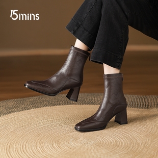 粗跟马丁靴复古瘦瘦靴靴子 法式 15mins高跟短靴女秋冬季 2025年新款