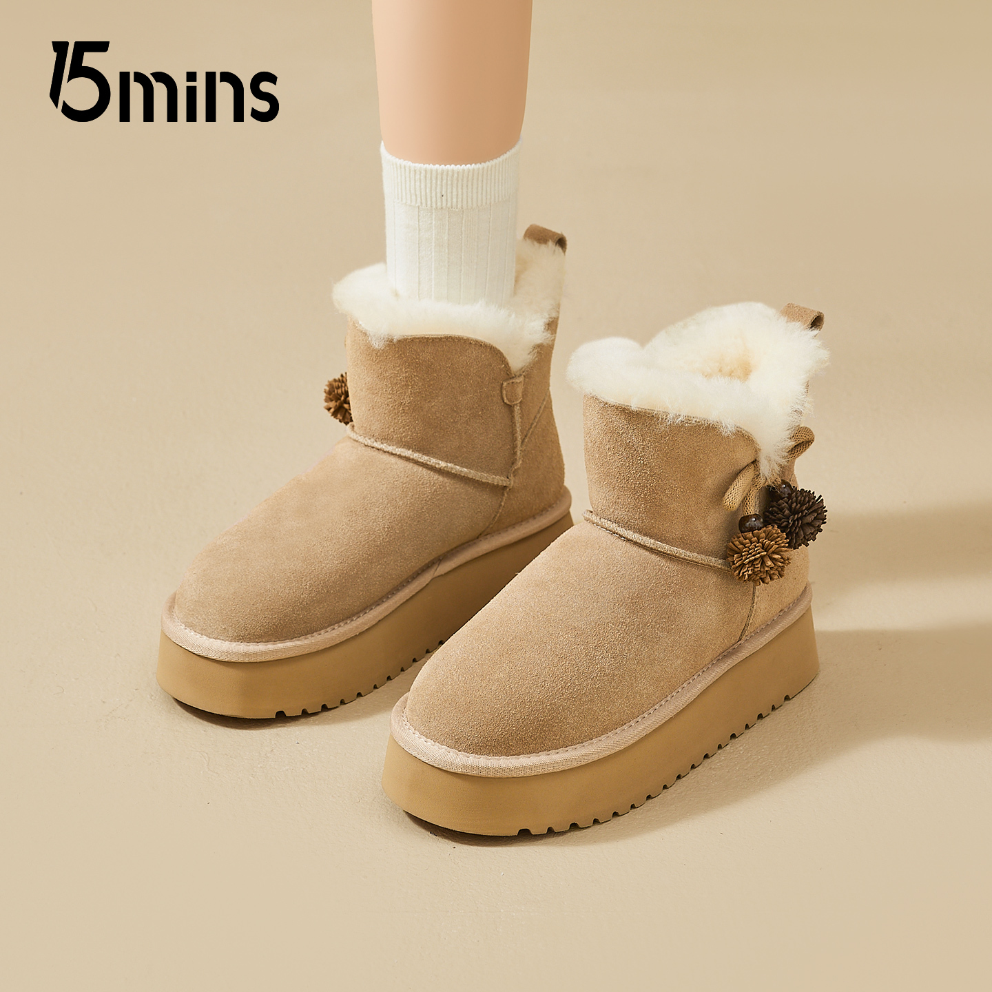 15mins毛绒雪地靴女2025冬