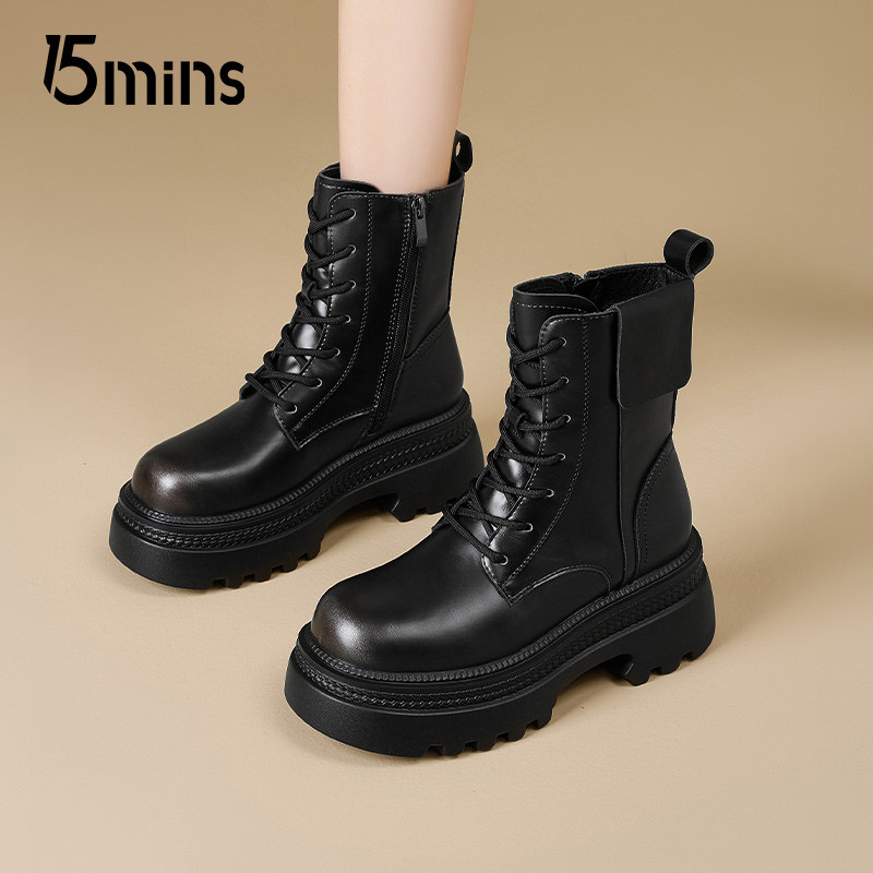 15mins英伦风厚底马丁靴女款2026春季新款复古小个子增高骑士短靴